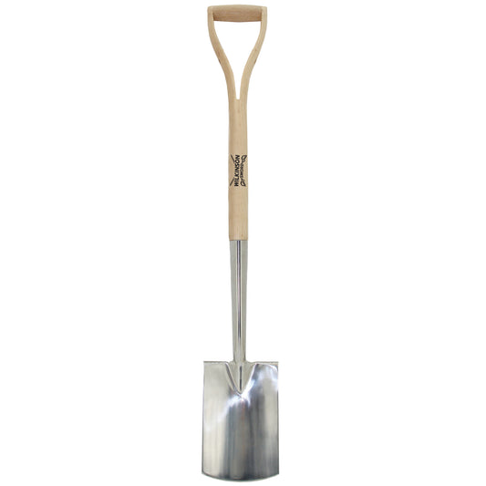 Wilkinson Sword Stainless Steel Border Spade with mirror polished stainless steel blade and weatherproof ash wooden handle on a white background