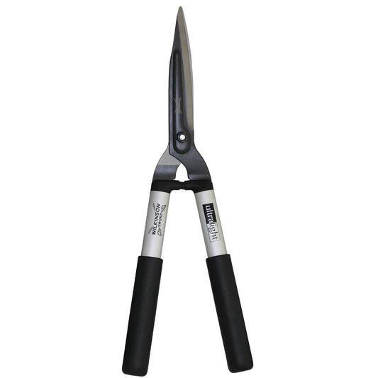 A pair of ultra light professional hedge shears with black rubberized handles, silver metal shafts, and dark gray blades, shown against a plain white background.