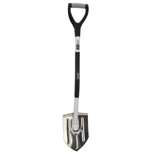 A garden spade with a black and gray D-handle, a black grip, and a silver metal blade, shown vertically on a plain white background.