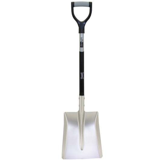 A metal shovel with a silver blade and a black handle featuring a gray D-grip, shown against a plain white background.