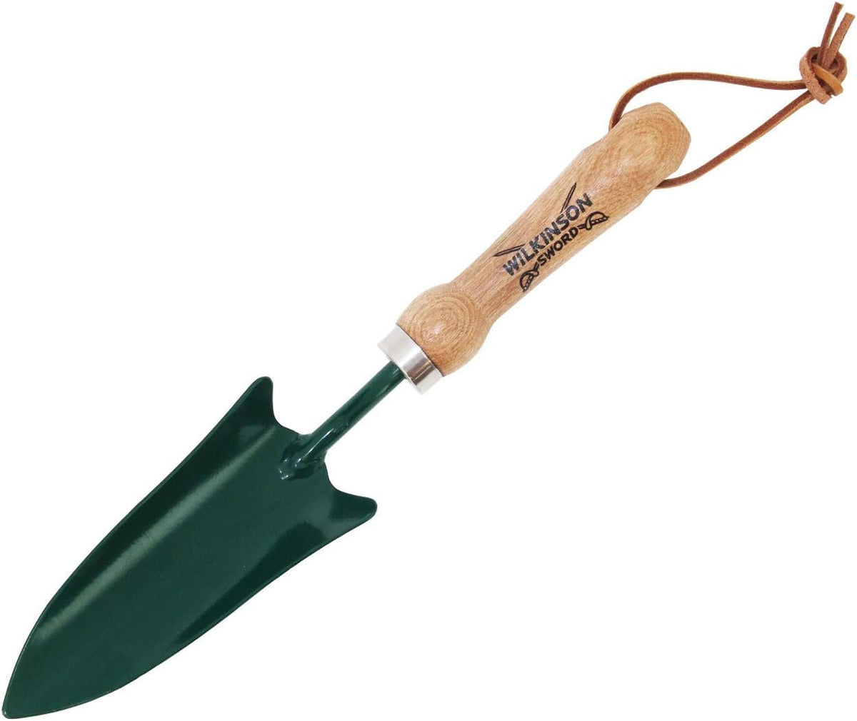 Narrow carbon steel transplanting trowel for precision gardening