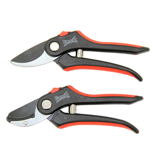 Pair of garden pruners with black and red handles on a white background