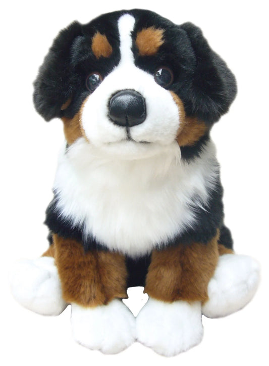A plush Bernese mountain dog stuffed animal with black, white, and brown fur, sitting against a plain white background.