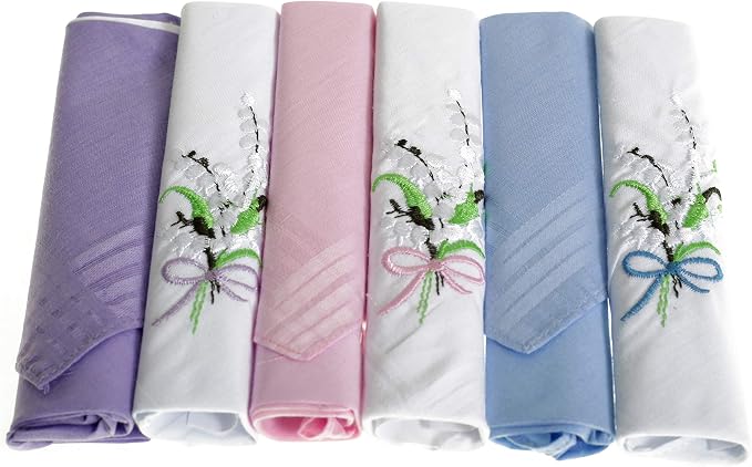 Pack of 6 ladies’ cotton handkerchiefs — plain colours and embroidered floral designs