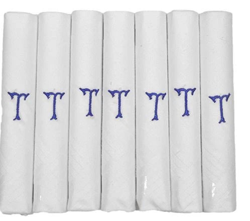 White 100% Cotton Handkerchief – Pack of 7, Navy Embroidered Initial – Choose Your Letter
