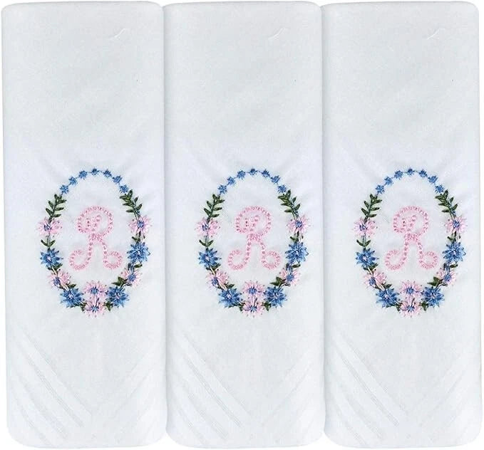 Ladies’ white cotton handkerchiefs with floral wreath initial embroidery – pack of 3 gift boxed Initial R