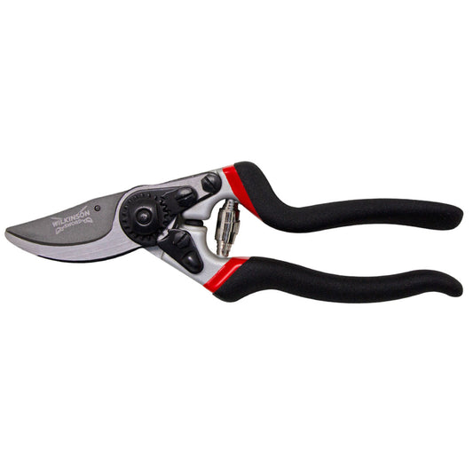 Pruning shears with black handles and a silver blade on a white background