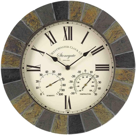 Outside In Stonegate Wall Clock & Thermometer 14" - Slate