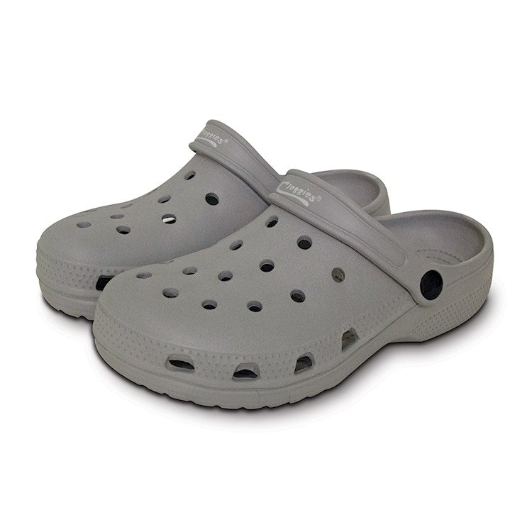 A pair of light gray molded clogs with ventilation holes, shown on a clean white background. The brand name 'CROCS' is partially visible on the strap of the front clog.