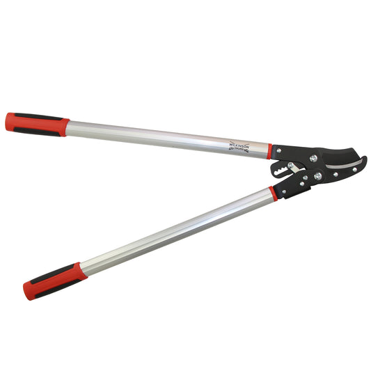 A pair of long-handled pruning shears with silver metal handles and black handles with red accents, shown on a plain white background.