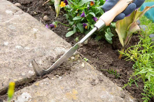Using the Wilkinson Sword stainless steel patio knife to remove weeds between patio slabs and block paving.