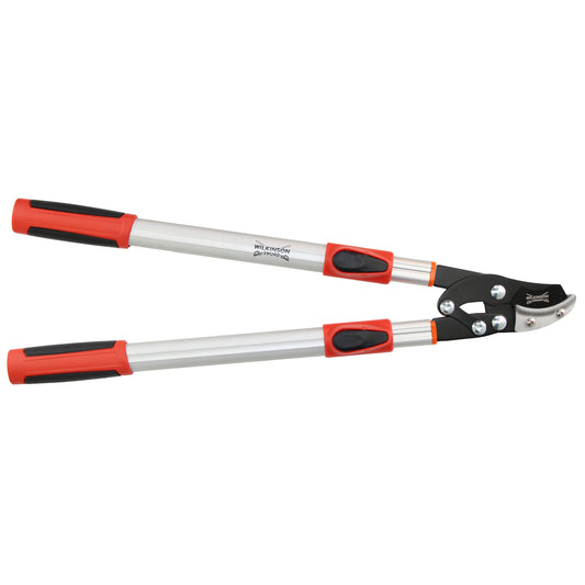 A pair of long-handled garden shears with silver metal shafts, red and black ergonomic handles, and a black metal cutting head, shown on a plain white background.