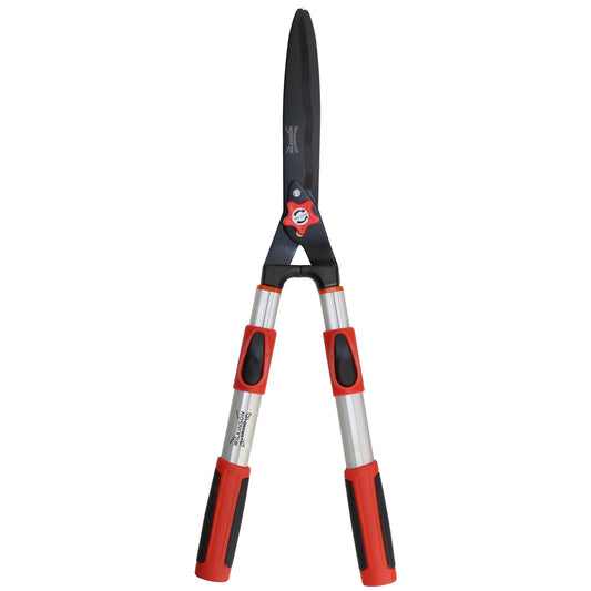 Hedge shears with red and black handles on a white background