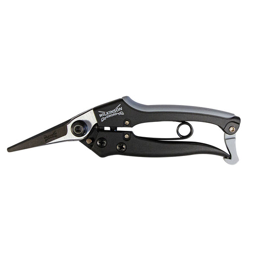 Gardening shears with black and silver design on a white background