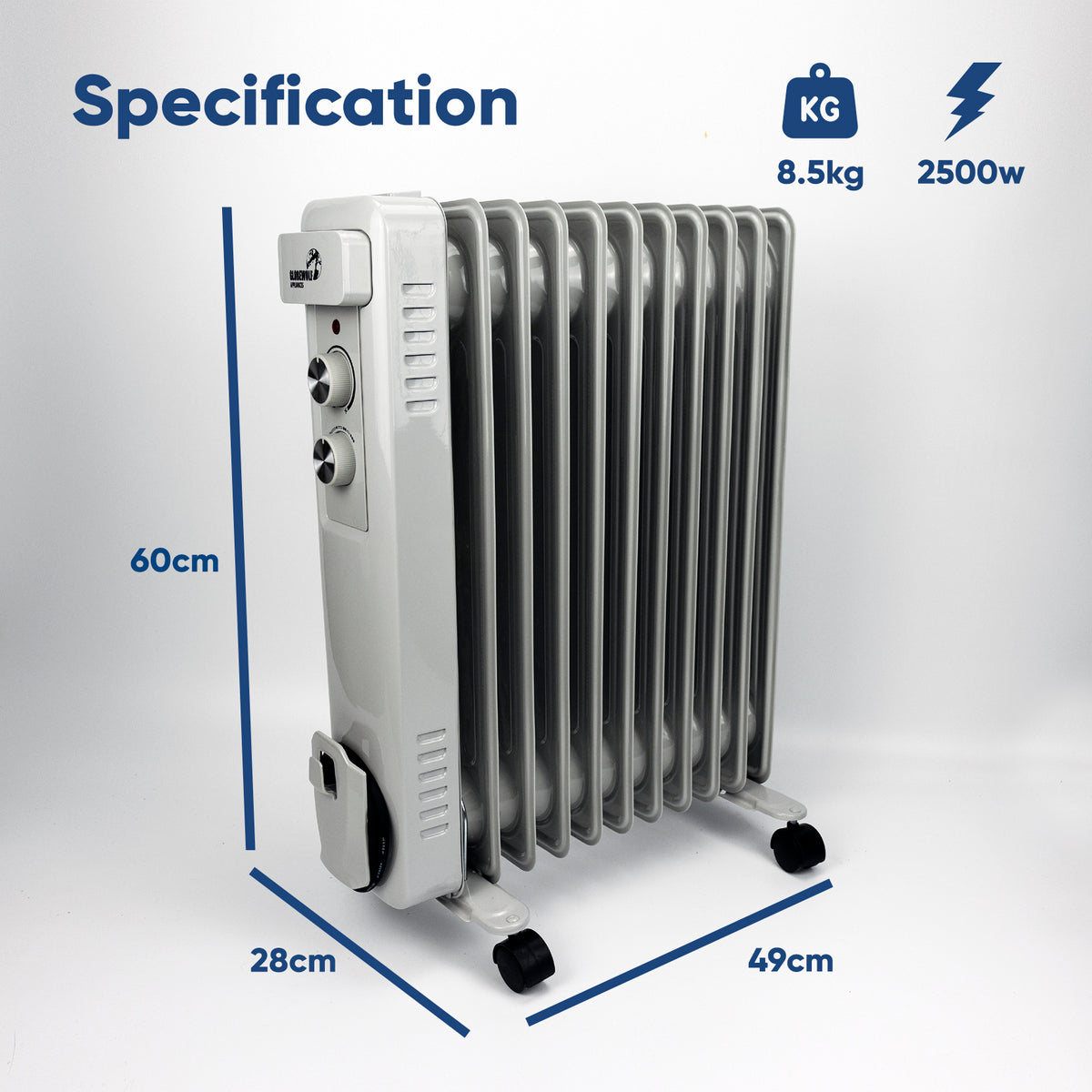 An electric oil radiator heater with dimension annotations showing its height, width, and depth, along with weight and power specifications on a light gray background.