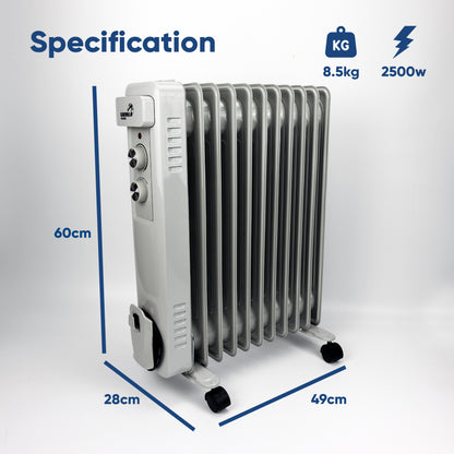 An electric oil radiator heater with dimension annotations showing its height, width, and depth, along with weight and power specifications on a light gray background.