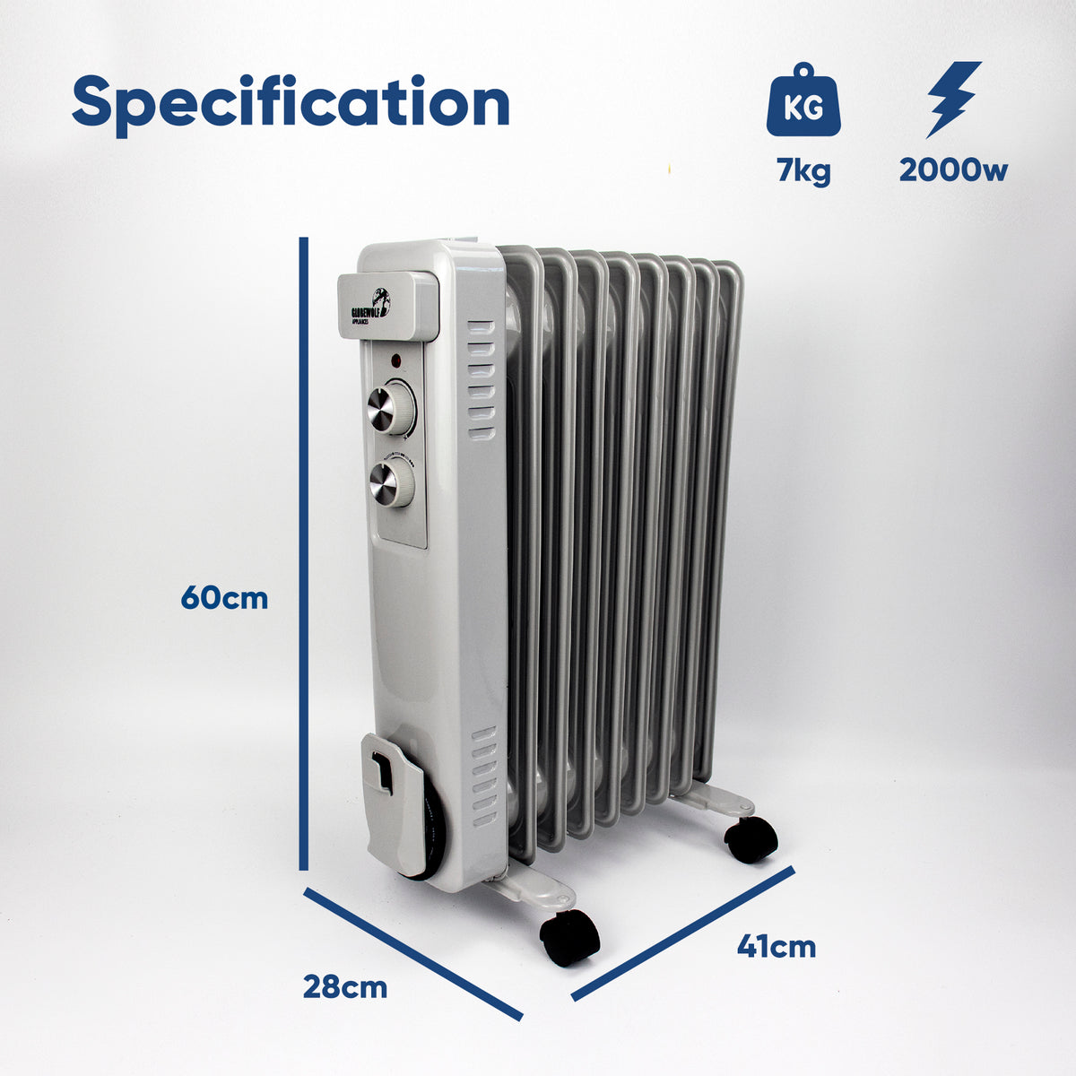 Energy efficient 2000W oil filled radiator with adjustable thermostat
