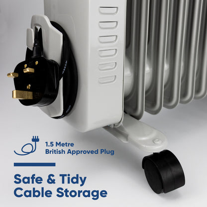 Close-up of a white electric radiator heater with a black 1.5 metre British approved plug and black cable storage cap on a light gray background, with text highlighting the plug and cable storage.