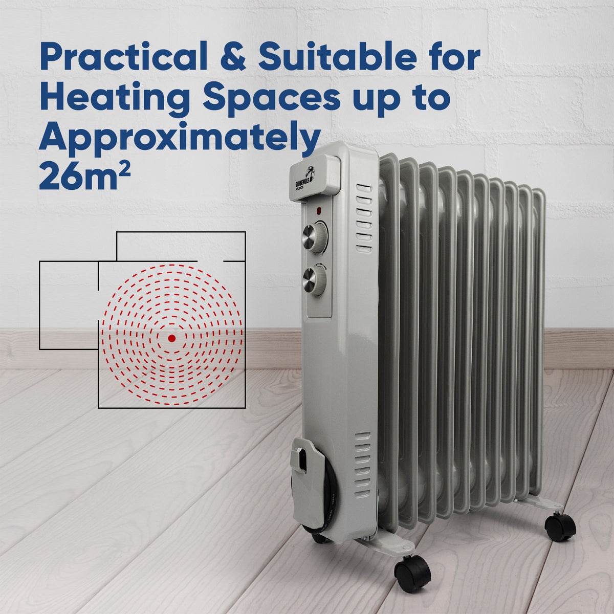 A silver 16-panel oil radiator heater with black wheels, shown on a light wood floor against a white brick wall. The image includes a red dotted heat distribution diagram and text stating 'Practical & Suitable for Heating Spaces up to Approximately 26m²'.