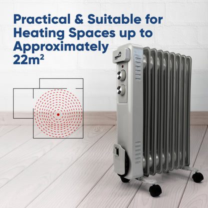 A silver and white oil radiator heater with black caster wheels, shown on a light wood floor against a white brick wall. Blue text on the top left reads 'Practical & Suitable for Heating Spaces up to Approximately 22m2' with a red dotted heat-map diagram.