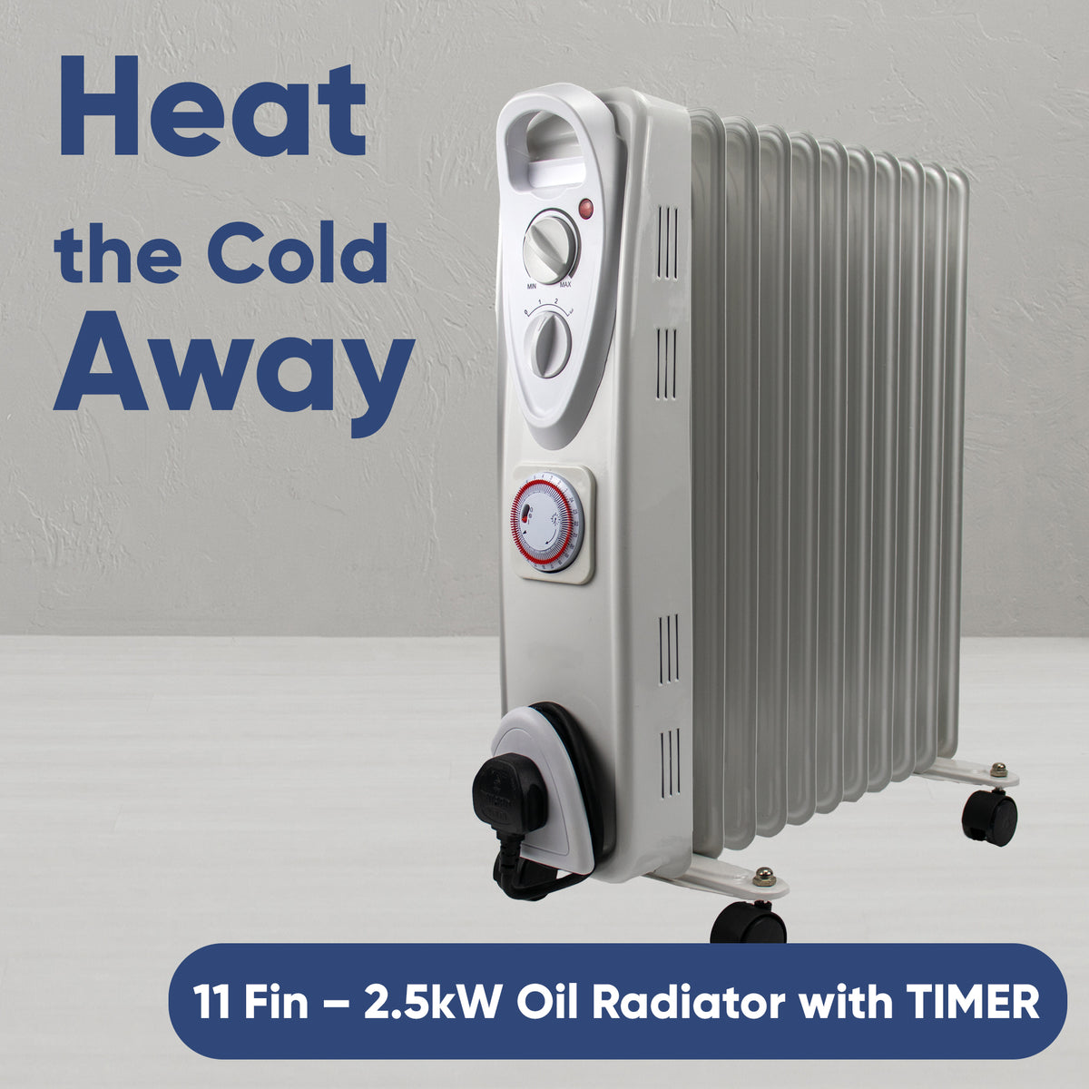 A 11-fin oil radiator heater with a white front control panel and silver ribbed metal body, shown on a light gray studio background with promotional text overlays.