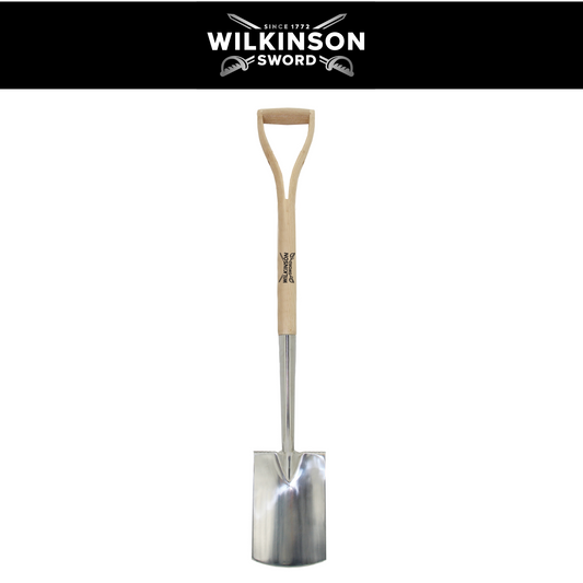 A Wilkinson Sword garden spade with a polished steel blade and a light natural wood handle, shown against a white background with a black header featuring the brand logo.