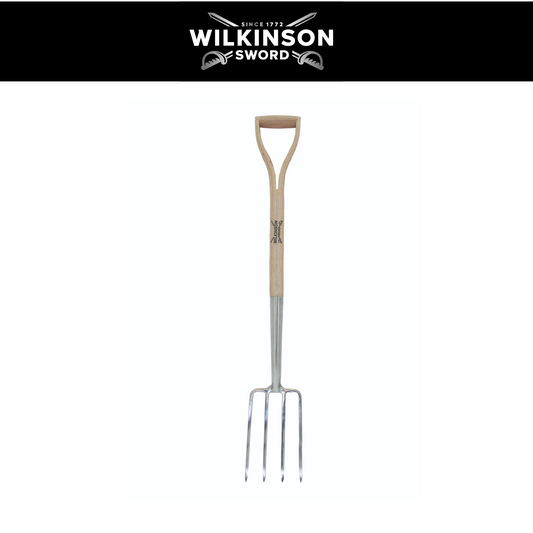 Wilkinson Sword Stainless Steel Border Fork with mirror-polished stainless steel tines and ash wood handle. shown against a white background with a black header displaying the Wilkinson Sword logo.