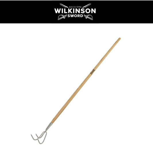 Wilkinson Sword Stainless Steel 3 Prong Cultivator with fan-shaped stainless steel tines and ash handle., shown diagonally on a white background with a black header featuring the brand logo.