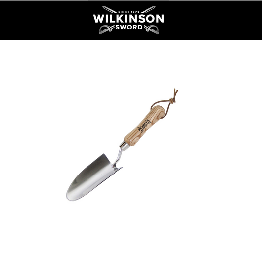 Wilkinson Sword Stainless Steel Hand Trowel with mirror-polished blade and weatherproof handle, shown against a white background with a black header banner displaying the brand logo.