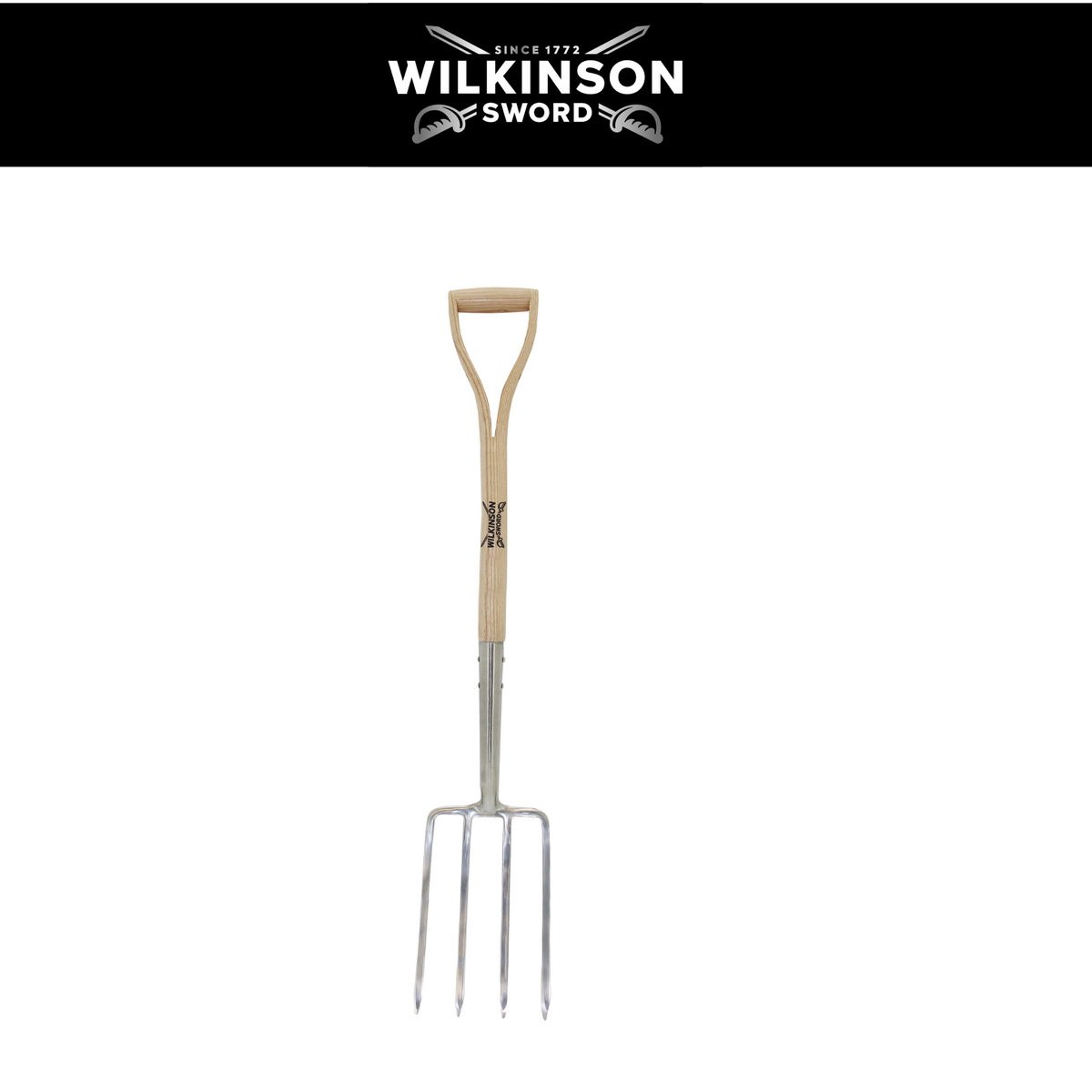 Wilkinson Sword Stainless Steel Border Fork with mirror-polished stainless steel head and weatherproof ash handle for cultivating borders and lifting plants shown on a white background and wilkinson sword logo