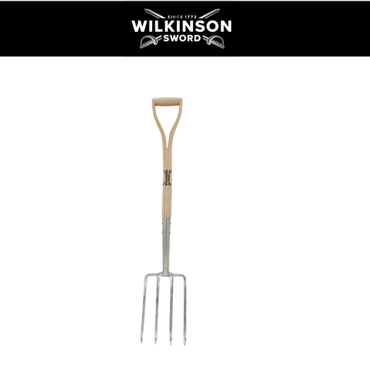 Wilkinson Sword Stainless Steel Border Fork with mirror-polished stainless steel head and weatherproof ash handle for cultivating borders and lifting plants shown on a white background and wilkinson sword logo