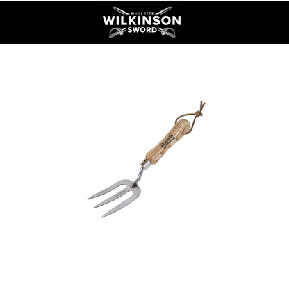 A Wilkinson Sword Stainless Steel Hand Fork with mirror-polished head and weatherproof handle, shown against a white background with a black brand banner at the top.