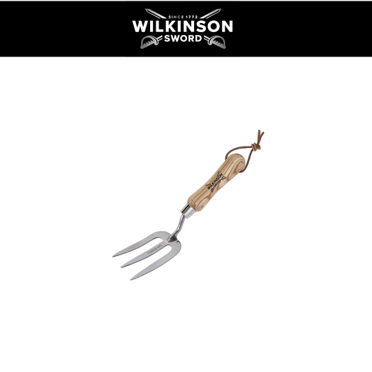 A Wilkinson Sword Stainless Steel Hand Fork with mirror-polished head and weatherproof handle, shown against a white background with a black brand banner at the top.