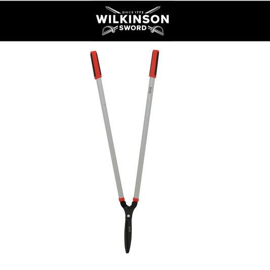 Wilkinson Sword Long Handled Lawn Shears with carbon steel non-stick blades and tubular steel handles, shown on a white background with a black header featuring the Wilkinson Sword logo.