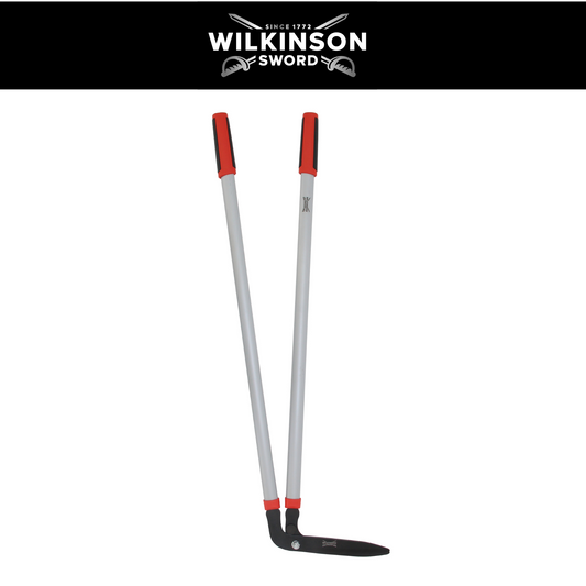 Wilkinson Sword Long Handled Edging Shears with carbon steel non-stick blades and soft-grip handles., shown against a white background with a black header featuring the Wilkinson Sword logo.