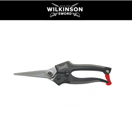 Wilkinson Sword Straight Pruning Snips with SK5 Japanese steel straight blades and cast aluminium body, shown against a white background with a black brand banner at the top.