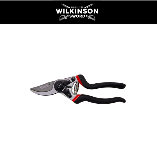 Wilkinson Sword Razorcut Pro Angled Pruner with SK3 Japanese steel bypass blades and anodised aluminium handles, shown against a white background with a black header featuring the Wilkinson Sword logo.