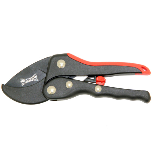Wilkinson garden shears pruning shears with black textured handles, red accents, and silver metal blades on a white background.