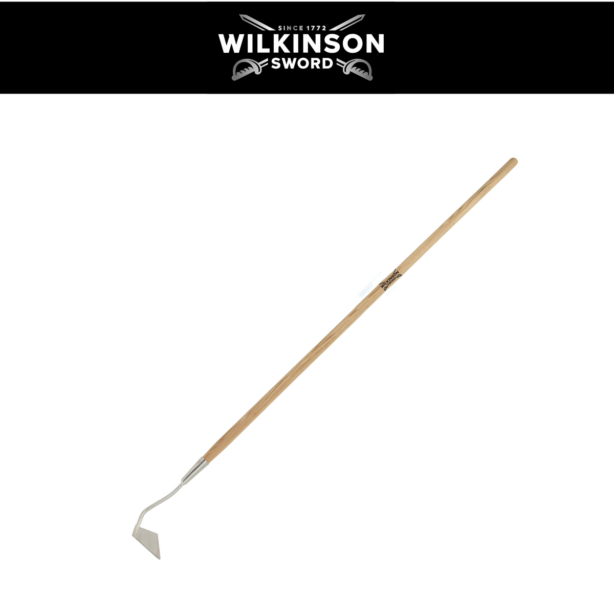 Wilkinson Sword Stainless Steel Swoe Style Hoe with mirror-polished stainless steel blade and weatherproof ash handle on a white background with a wilkinson sword logo