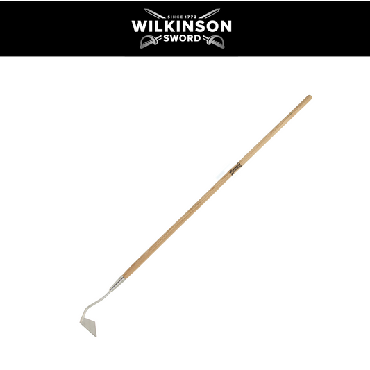 Wilkinson Sword Stainless Steel Swoe Style Hoe with mirror-polished stainless steel blade and weatherproof ash handle on a white background with a wilkinson sword logo