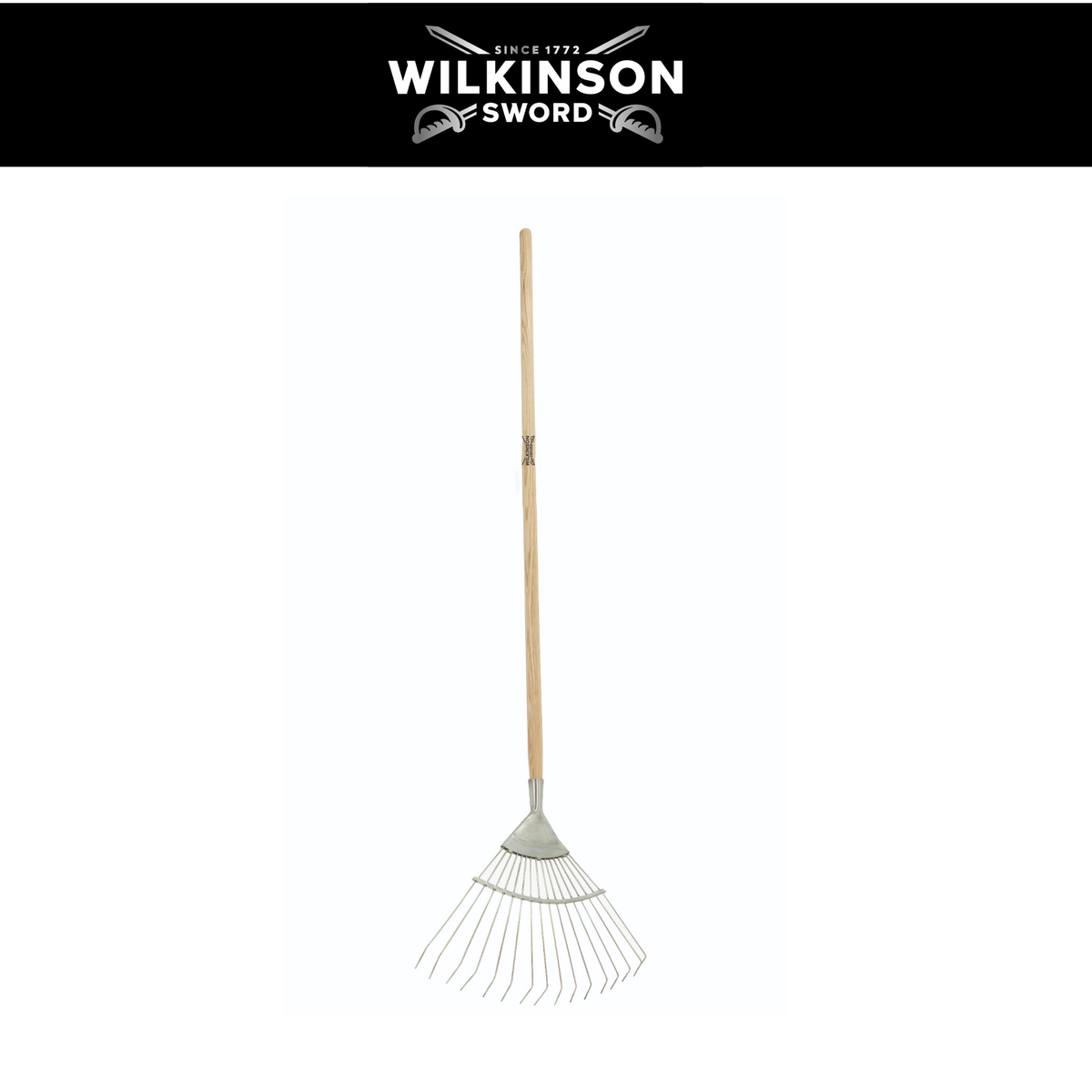 Wilkinson Sword Lawn Rake with stainless steel head and weatherproof ash wood handle, shown against a white background with a black header featuring the Wilkinson Sword logo.