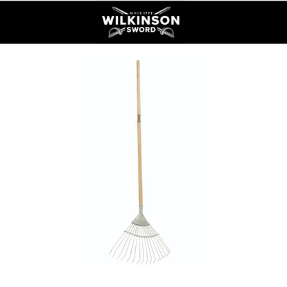 Wilkinson Sword Lawn Rake with stainless steel head and weatherproof ash wood handle, shown against a white background with a black header featuring the Wilkinson Sword logo.