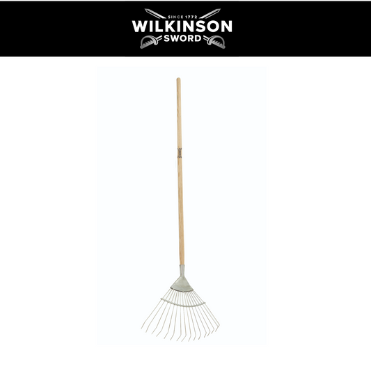 Wilkinson Sword Lawn Rake with stainless steel head and weatherproof ash wood handle, shown against a white background with a black header featuring the Wilkinson Sword logo.