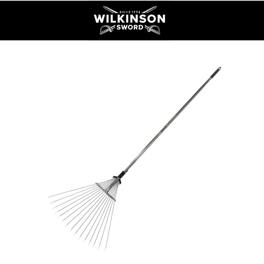 Wilkinson Sword Adjustable Lawn Rake with aluminium handle on white background
