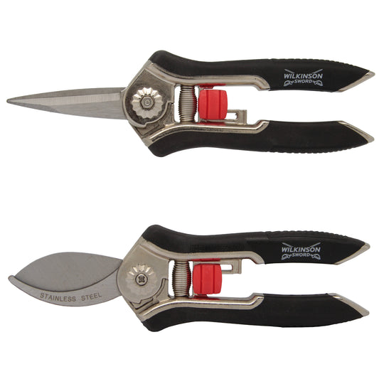 Two views of a Wilkinson garden shears pruning tool with black handles, stainless steel blades, and a red safety switch on a white background.