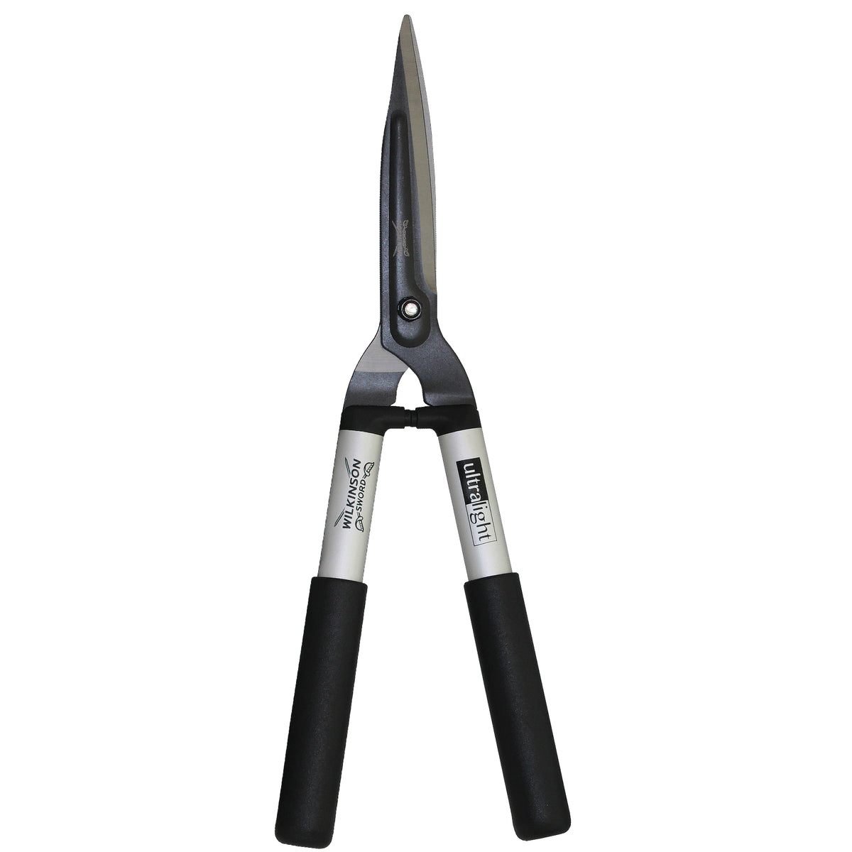 A pair of ultra light professional hedge shears with black rubberized handles, silver metal shafts, and dark gray blades, shown against a plain white background.