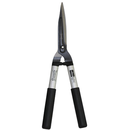 A pair of ultra light professional hedge shears with black rubberized handles, silver metal shafts, and dark gray blades, shown against a plain white background.