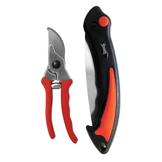 A pair of pruning shears and their matching folding knife shown on a plain white background. The tools feature red and black handles with orange-red accents and silver stainless steel blades.