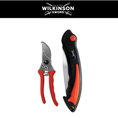 wilkinson swerd logo with A pair of pruning shears and their matching folding knife shown on a plain white background. The tools feature red and black handles with orange-red accents and silver stainless steel blades.