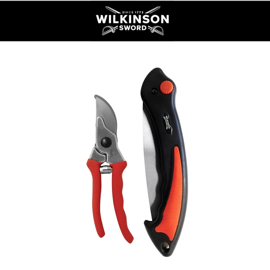 wilkinson swerd logo with A pair of pruning shears and their matching folding knife shown on a plain white background. The tools feature red and black handles with orange-red accents and silver stainless steel blades.